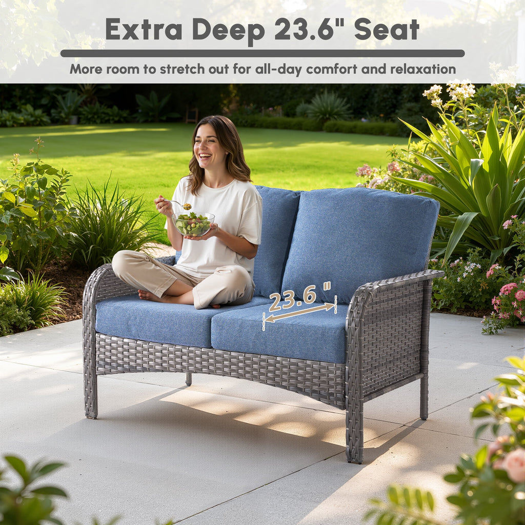 Ovios 4 Pieces Wicker Outdoor Patio Furniture with Coffee Table High Back All-Weather Rattan Outdoor Sectional Conversation Set for Backyard Porch Garden, Denim Blue