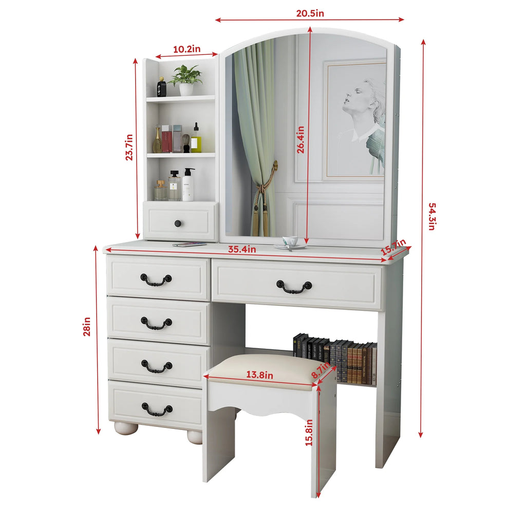 Montary Modern Mini Vanity W/Adjustable LED Mirror + Hidden Storage, Padded Stool & Dustproof Shelves (White)