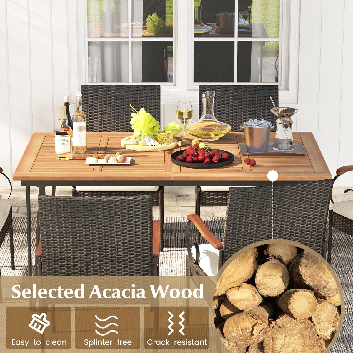 Tangkula 7 Pieces Patio Dining Set with Acacia Wood Dining Table, Rattan Armchairs, Soft Cushions
