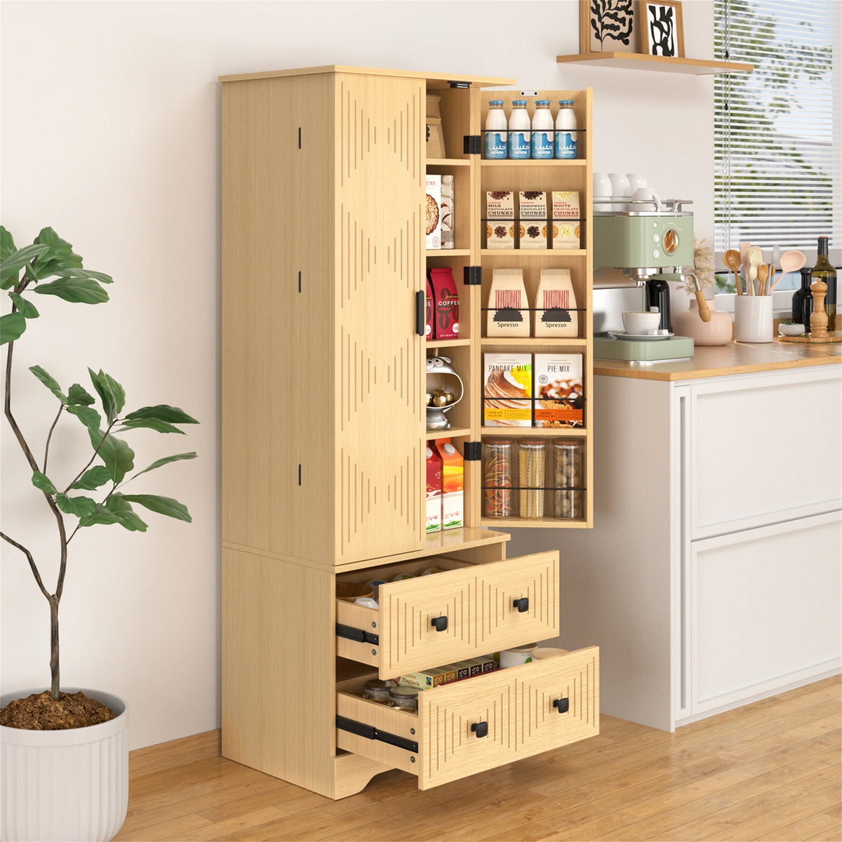 Planntonneo 71'' Tall Kitchen Pantry Storage Hutch Cabinet with Doors and Shelves, Grey Oak