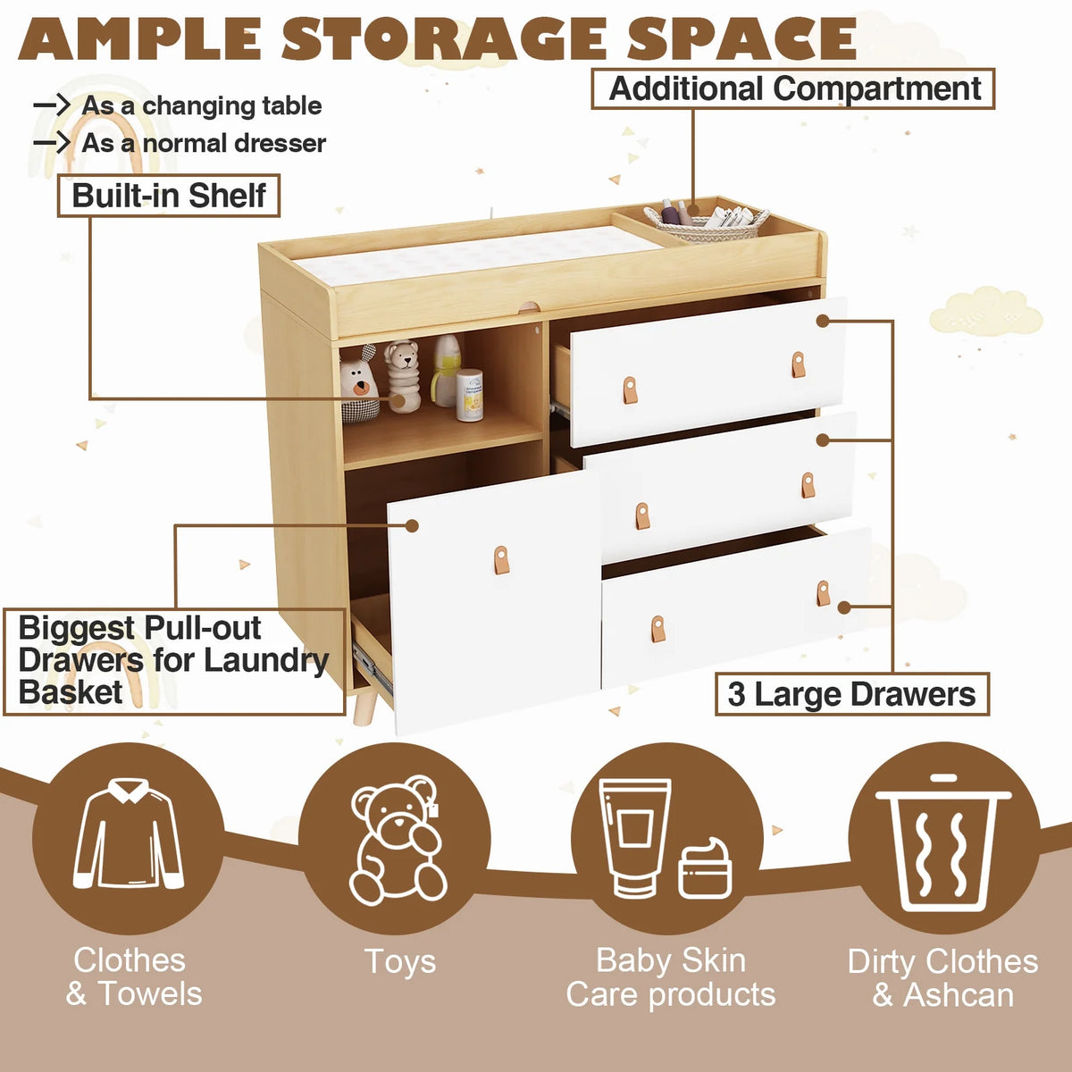 OXYLIFE 45" Baby Nursery Changing Table Dresser with 4 Drawers and Shelf for Nursery Room, White