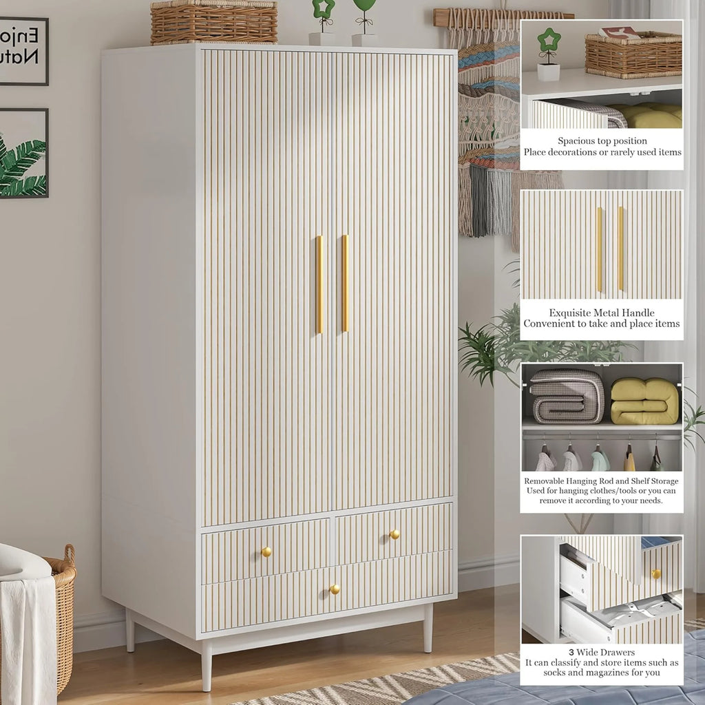 Oubayajia Wardrobe Armoire Closet, 2 Fluted Doors Wardrobe Cabinet with 3 - Drawer and Hanging Rod, Wood Wardrobe Storage for Bedroom