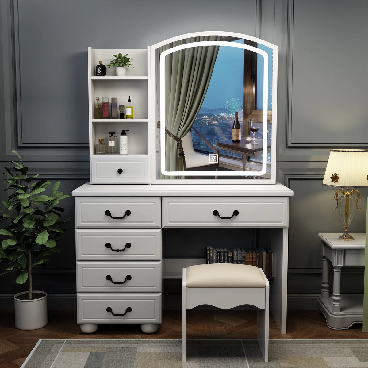 Montary Modern Mini Vanity W/Adjustable LED Mirror + Hidden Storage, Padded Stool & Dustproof Shelves (White)
