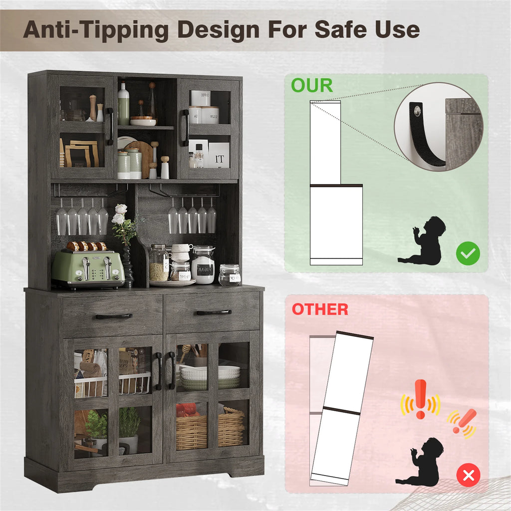 Planntonneo 71'' Tall Kitchen Pantry Storage Hutch Cabinet with Doors and Shelves, Grey Oak