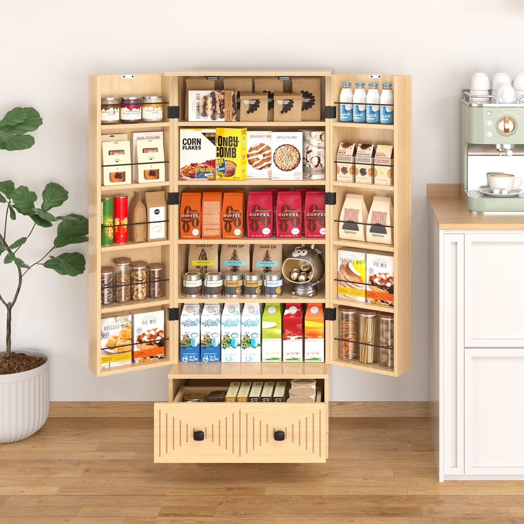 Planntonneo 71'' Tall Kitchen Pantry Storage Hutch Cabinet with Doors and Shelves, Grey Oak