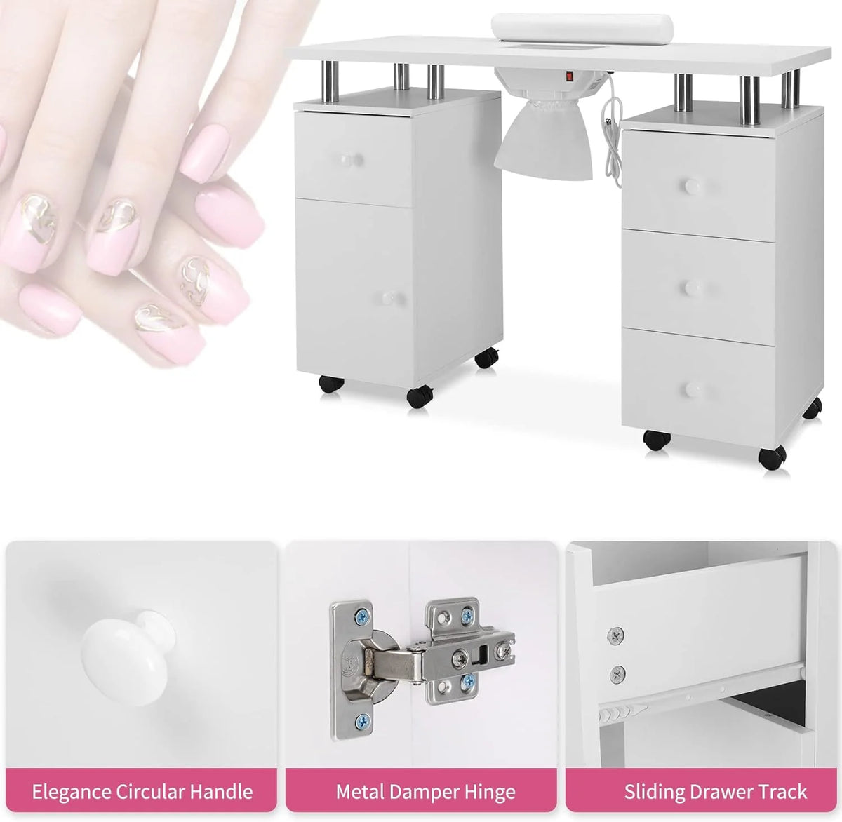 Manicure Table with Electric Dust Collector and Lockable Wheels, White