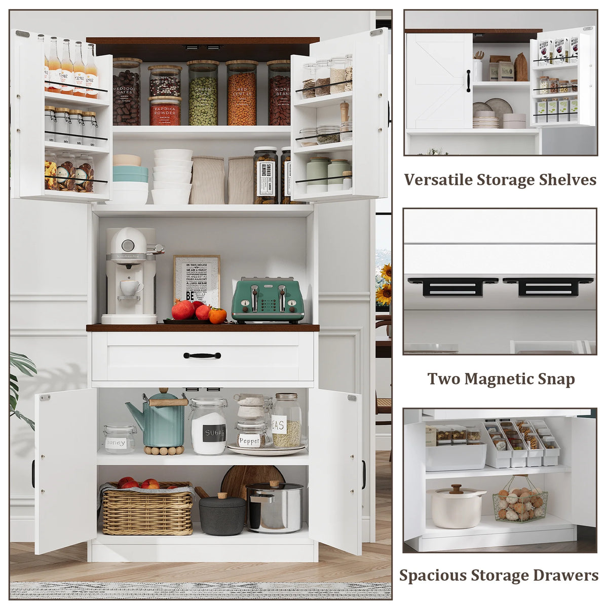 Planntonneo 71'' Tall Kitchen Pantry Storage Hutch Cabinet with Doors and Shelves, Grey Oak