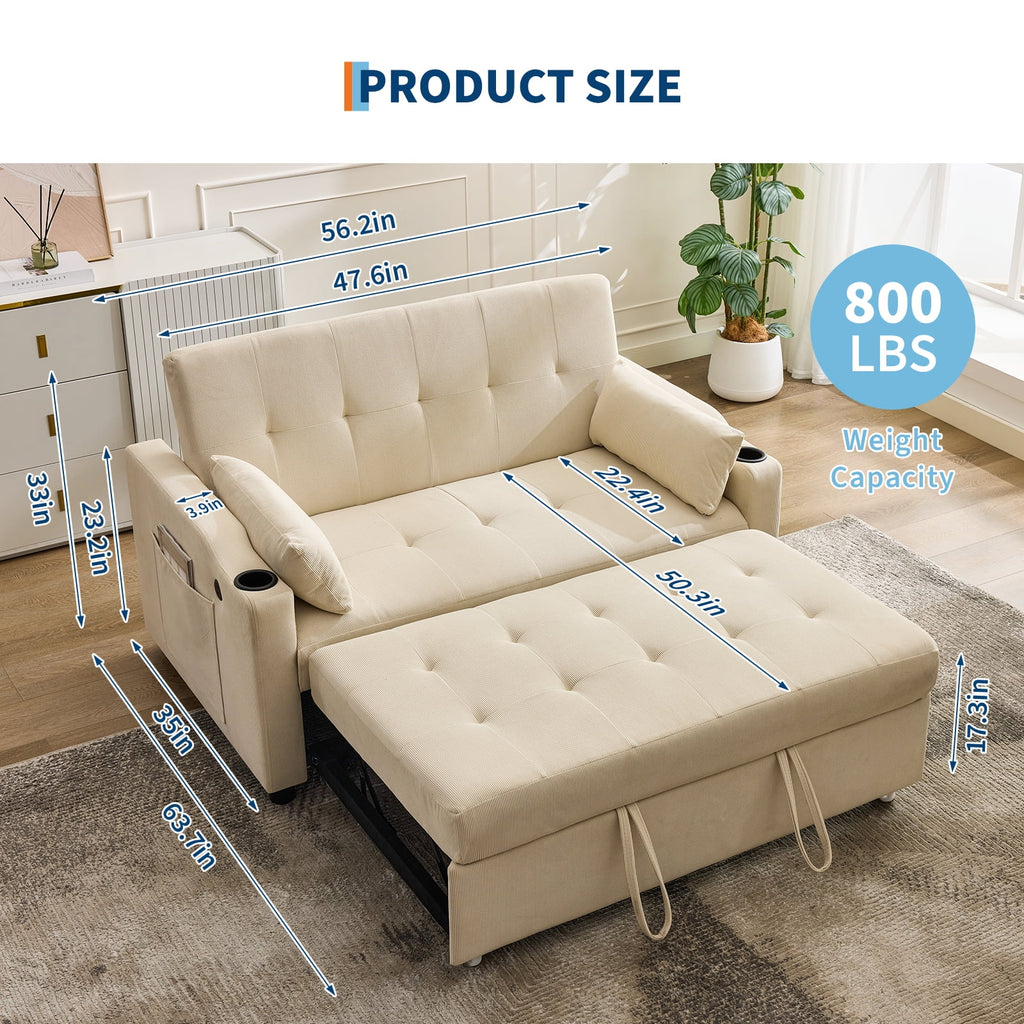 3 in 1 Convertible Sleeper Sofa Bed, Corduroy Futon Couches with Pull - Out Bed, Adjustable Backrest, Charging Port & Side Pockets, Modern Upholstered Sofa for Living Room, Guest Room