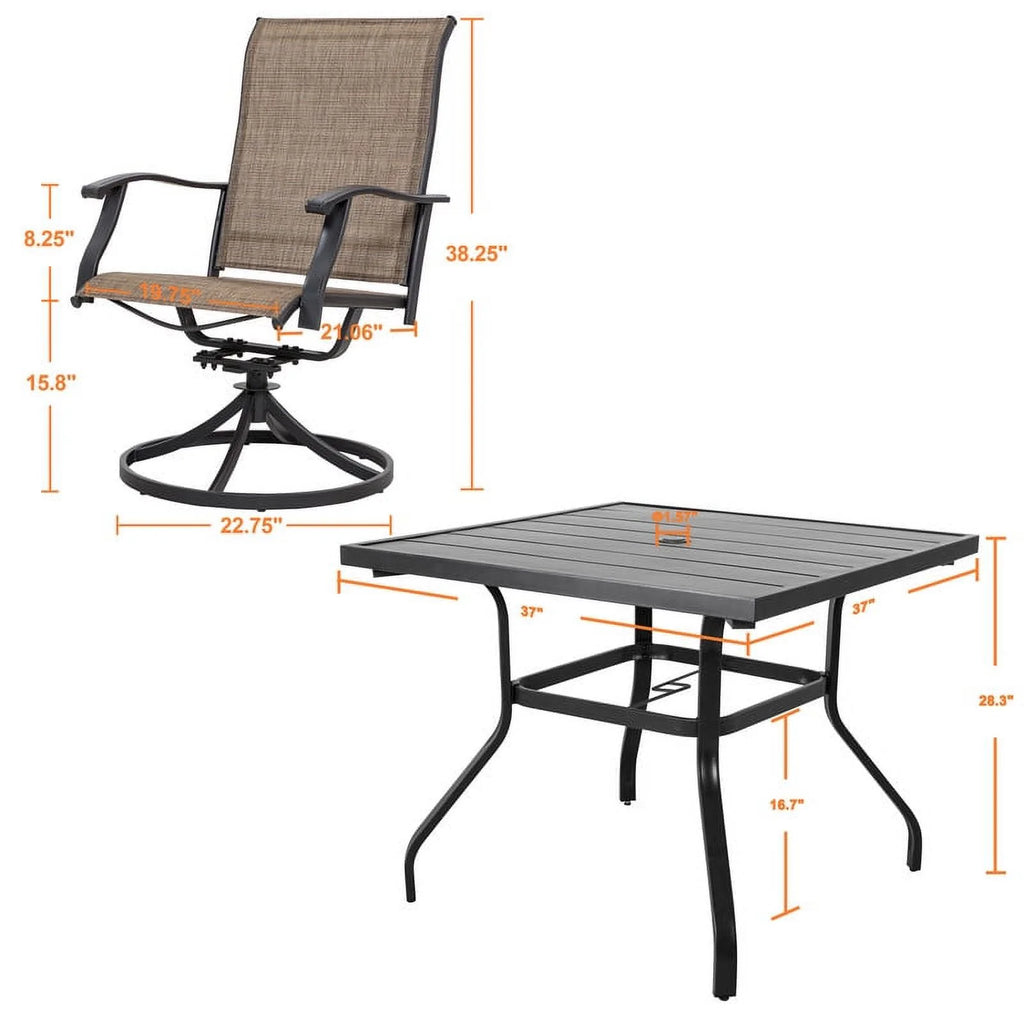 Nuu Garden 5 Piece Outdoor Patio Dining Set, Metal Patio Furniture Set 4 Textilene Swivel Chairs and 37" Square Iron Umbrella Dining Table, Black and Brown