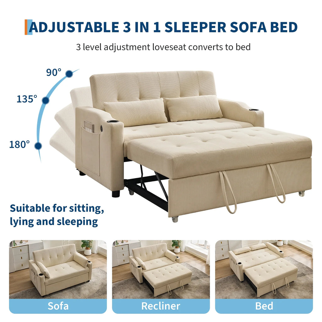 3 in 1 Convertible Sleeper Sofa Bed, Corduroy Futon Couches with Pull - Out Bed, Adjustable Backrest, Charging Port & Side Pockets, Modern Upholstered Sofa for Living Room, Guest Room