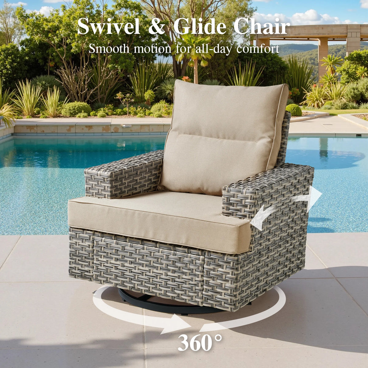 Ovios 10 Pieces Outdoor Patio Furniture Modern High - Back All - Weather Wicker Sectional Conversation Set with Propane Fire Pit Table & Swivel Chair, Dark Gray