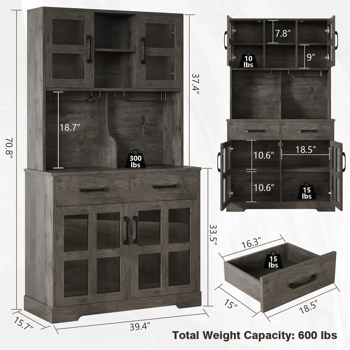 Planntonneo 71'' Tall Kitchen Pantry Storage Hutch Cabinet with Doors and Shelves, Grey Oak