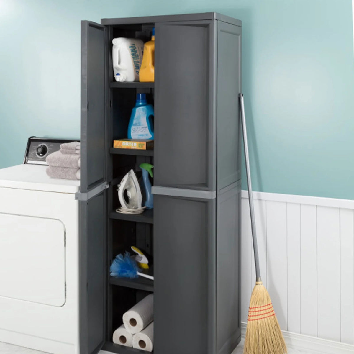 Wangbujianwang 4 Shelf Cabinet, Lockable Utility Storage W/ Adjustable Shelves, Gray - Plastic Shelving Unit for Organizing Garage, Pantry, Basement, Laundry Room or Mudroom