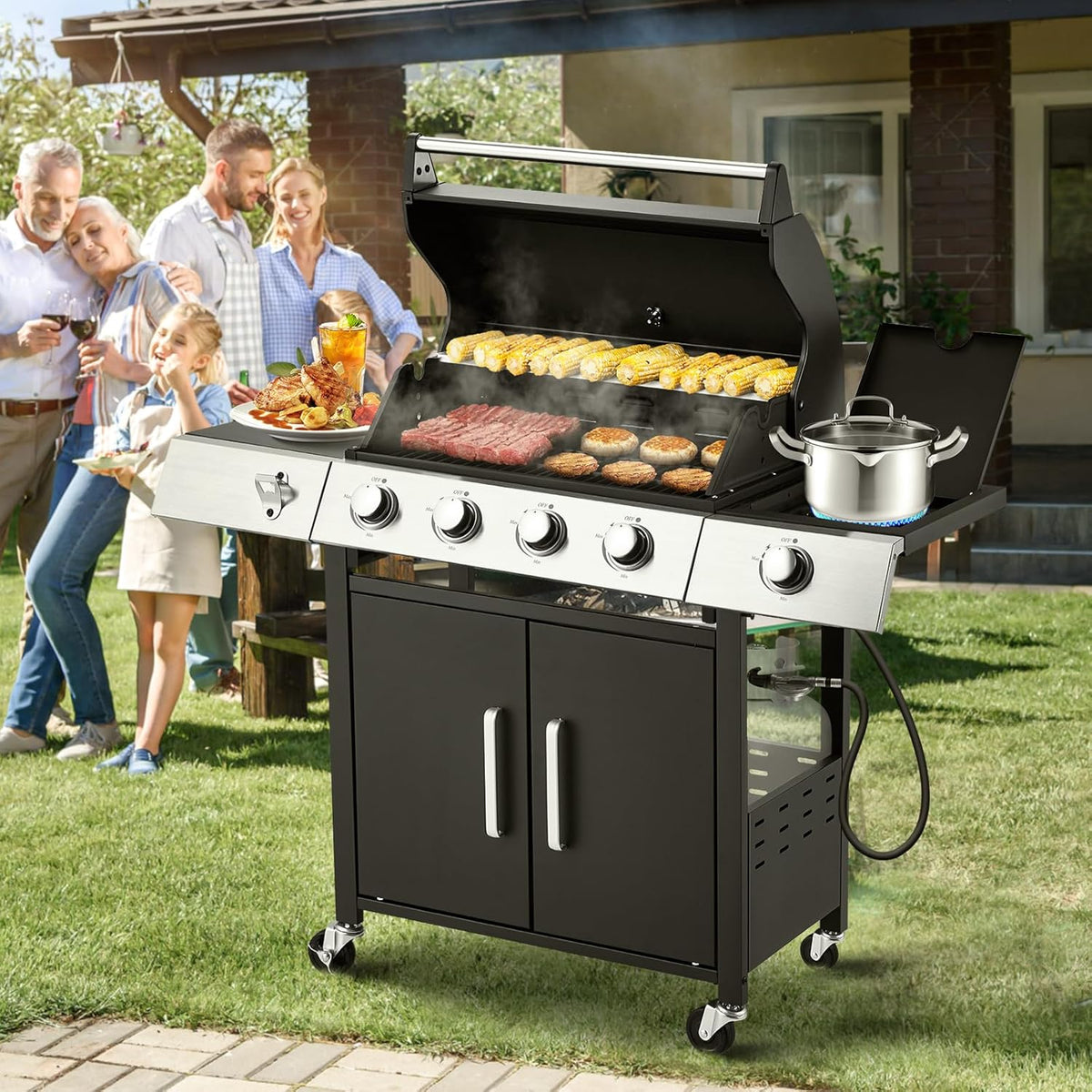 Upgraded 4 Burner Bbq Propane Gas Grill with Cast Iron Grates & Side Stove, 44,000 btu Stainless Steel Burner Barbecue Grill for Patio,…