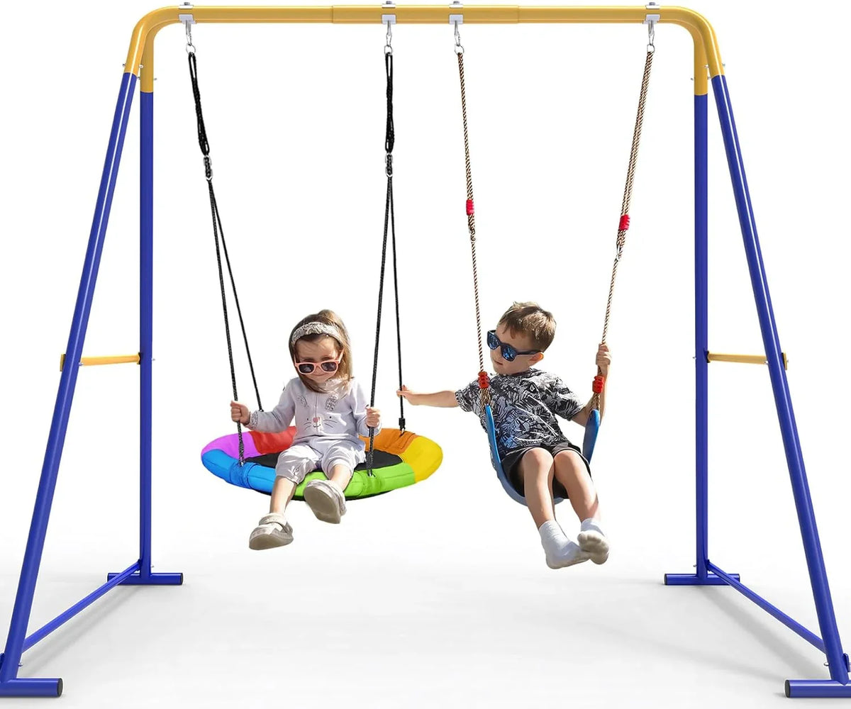 Swing Sets for Backyard, Toddler Swing Set with 2 Seat 1 Saucer & 1 Belt Seat, 440LBS Heavy-duty Swing Frame W/8 Ground Stakes, a Frame…