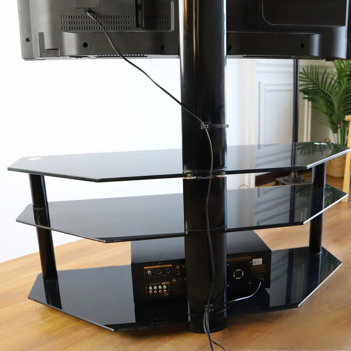 RTVR Modern 3 in 1 TV Stand with Mount for Flat Screens up to 65 in, Black Glass Corner TV Stand for Bedroom