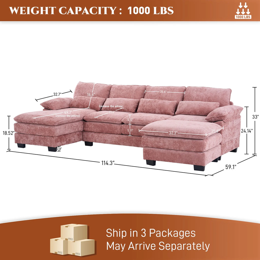 Rophefx 114.3" U Shaped Sectional Couches for Living Room, Cloud Couch, 4 Seats Chenille Couch with Double Layer Cushion, Orange