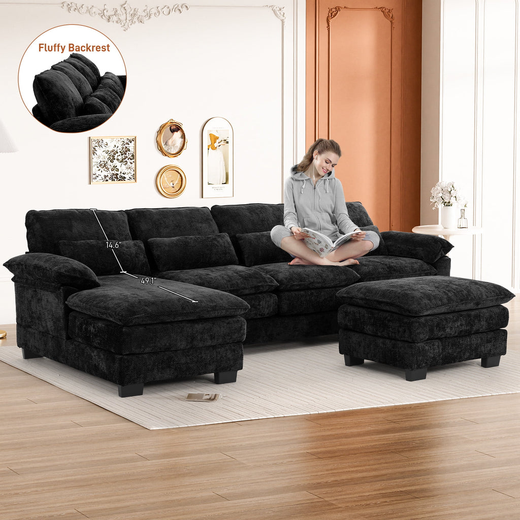 Rophefx 114.3" U Shaped Sectional Couches for Living Room, Cloud Couch, 4 Seats Chenille Couch with Double Layer Cushion, Orange