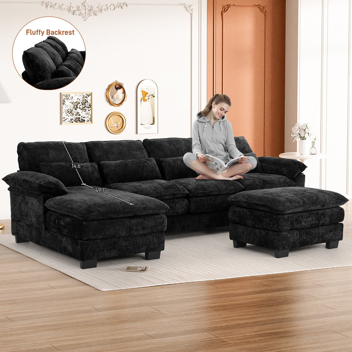 Rophefx 114.3" U Shaped Sectional Couches for Living Room, Cloud Couch, 4 Seats Chenille Couch with Double Layer Cushion, Orange