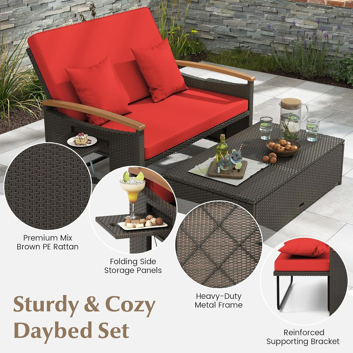 Outdoor Wicker Sofa Daybed with Adjustable Backrest and Storage Ottoman
