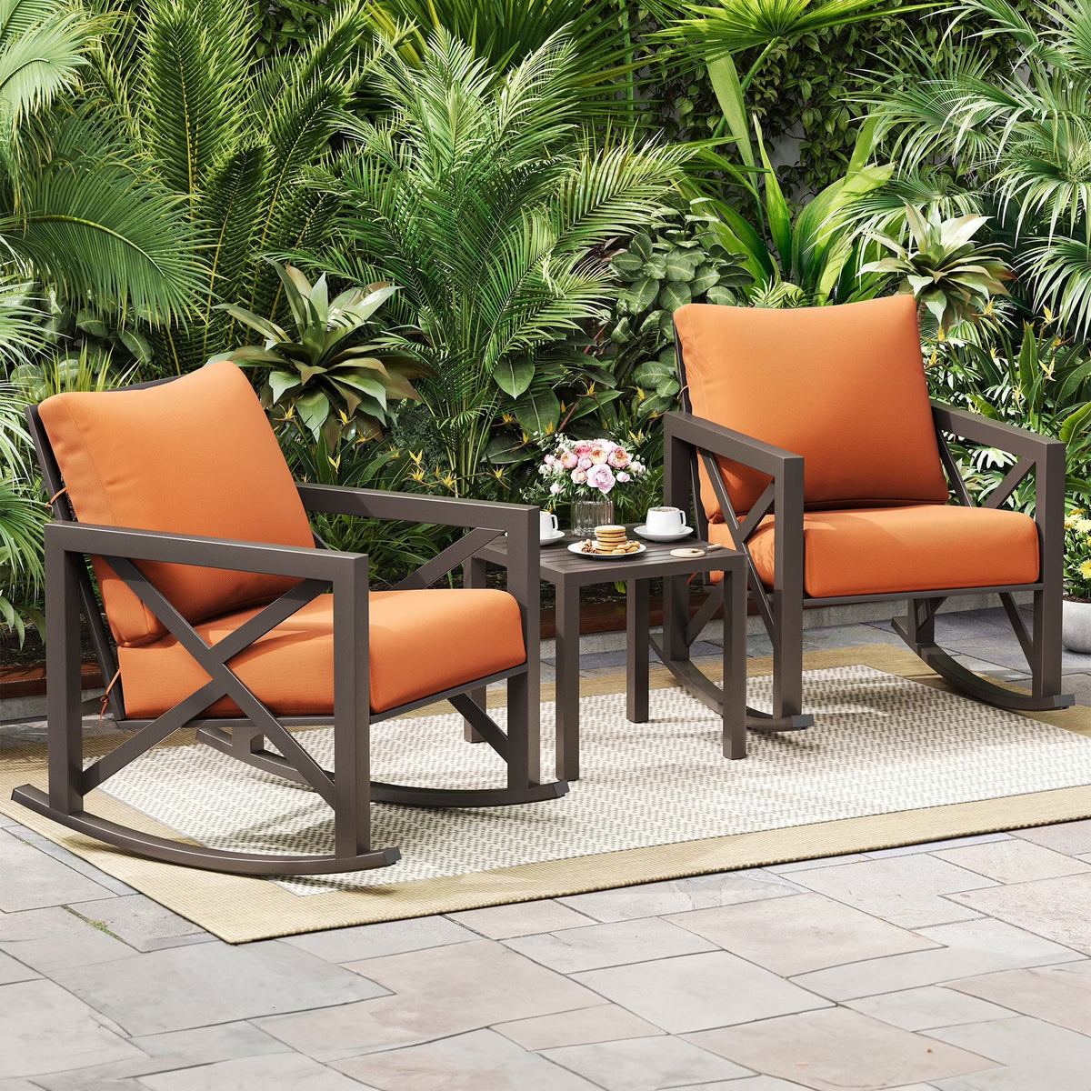 MRUAKA Rocking Chair Bistro Set, 3 Piece Outdoor Patio Furniture Set with 2 Rockers and 1 Metal Coffee Table with Thick Cushions for Porch, Backyard, Poolside, Beige