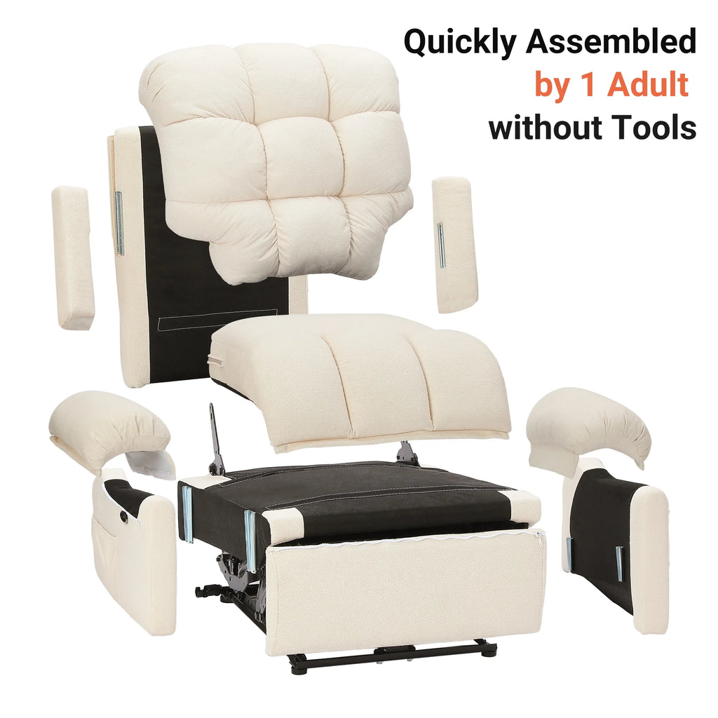 Power Recliner Chair, Electric Recline Sofa Chair for Adults with USB Port, Comfy Teddy Fleece Adjustable Cloud Sofa, Tool - Free Setup, Beige White