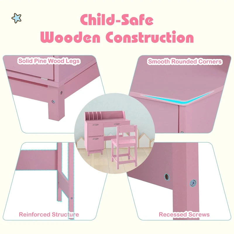 Wooden Kids Desk and Chair Set with Hutch, Storage Drawer & Cabinet, Children School Study Table Writing Computer Workstation for Ages 3-8