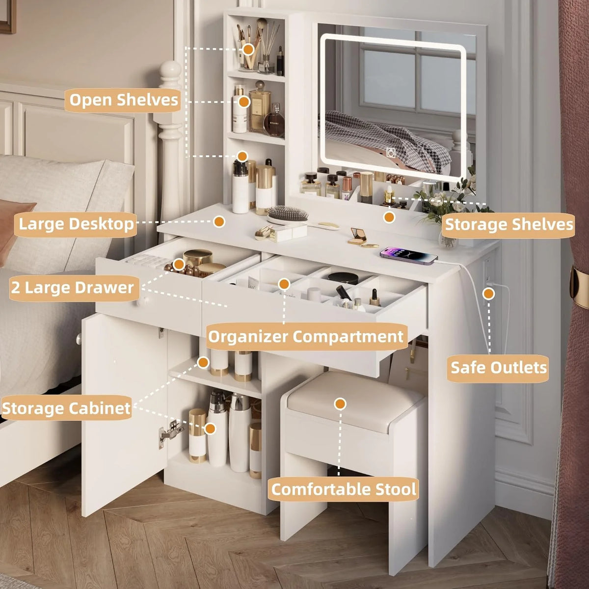 Montary Modern Mini Vanity W/Adjustable LED Mirror + Hidden Storage, Padded Stool & Dustproof Shelves (White)