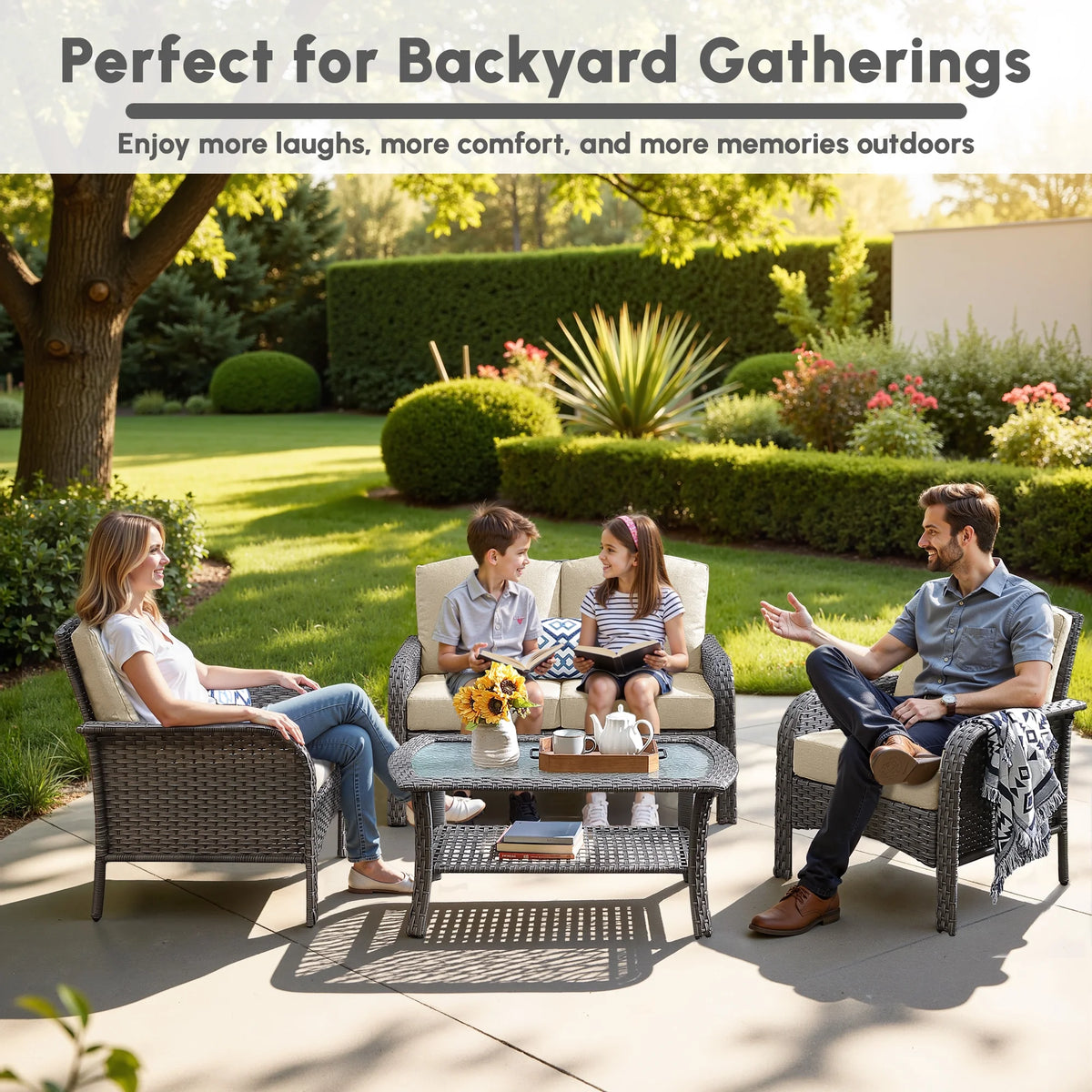 Ovios 4 Pieces Wicker Outdoor Patio Furniture with Coffee Table High Back All-Weather Rattan Outdoor Sectional Conversation Set for Backyard Porch Garden, Denim Blue