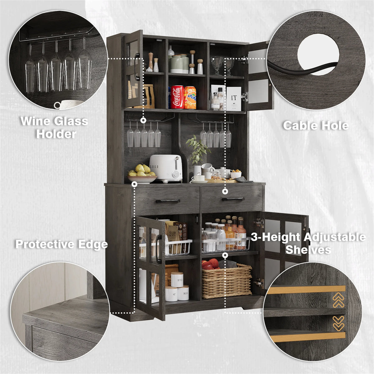 Planntonneo 71'' Tall Kitchen Pantry Storage Hutch Cabinet with Doors and Shelves, Grey Oak