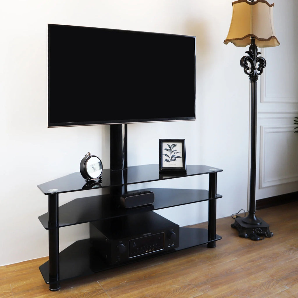 RTVR Modern 3 in 1 TV Stand with Mount for Flat Screens up to 65 in, Black Glass Corner TV Stand for Bedroom