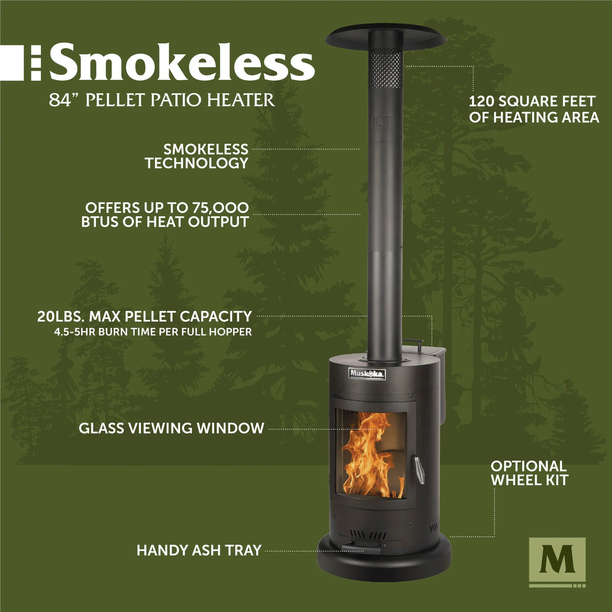 Muskoka 84" High 75, 000 BTU Black Steel Wood Pellet Patio Heater