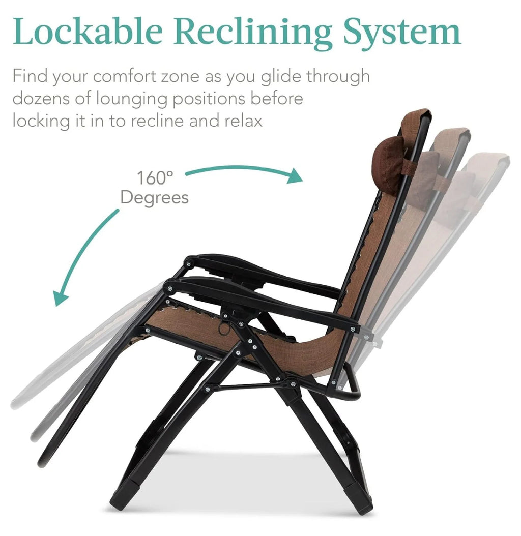 Oversized Chair, Folding Outdoor Patio Recliner, XL Anti Gravity Lounger W/Removable Cushion, Cup Holder, Side Tray, 350 lb Capacity - Taupe
