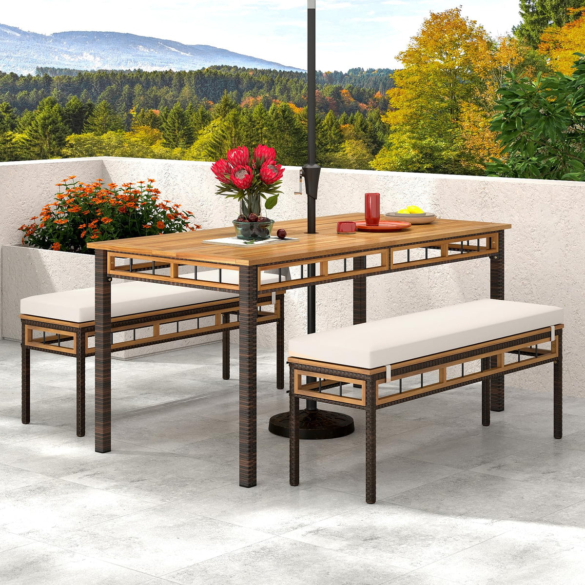 Tangkula 3 Pieces Wood Patio Dining Set