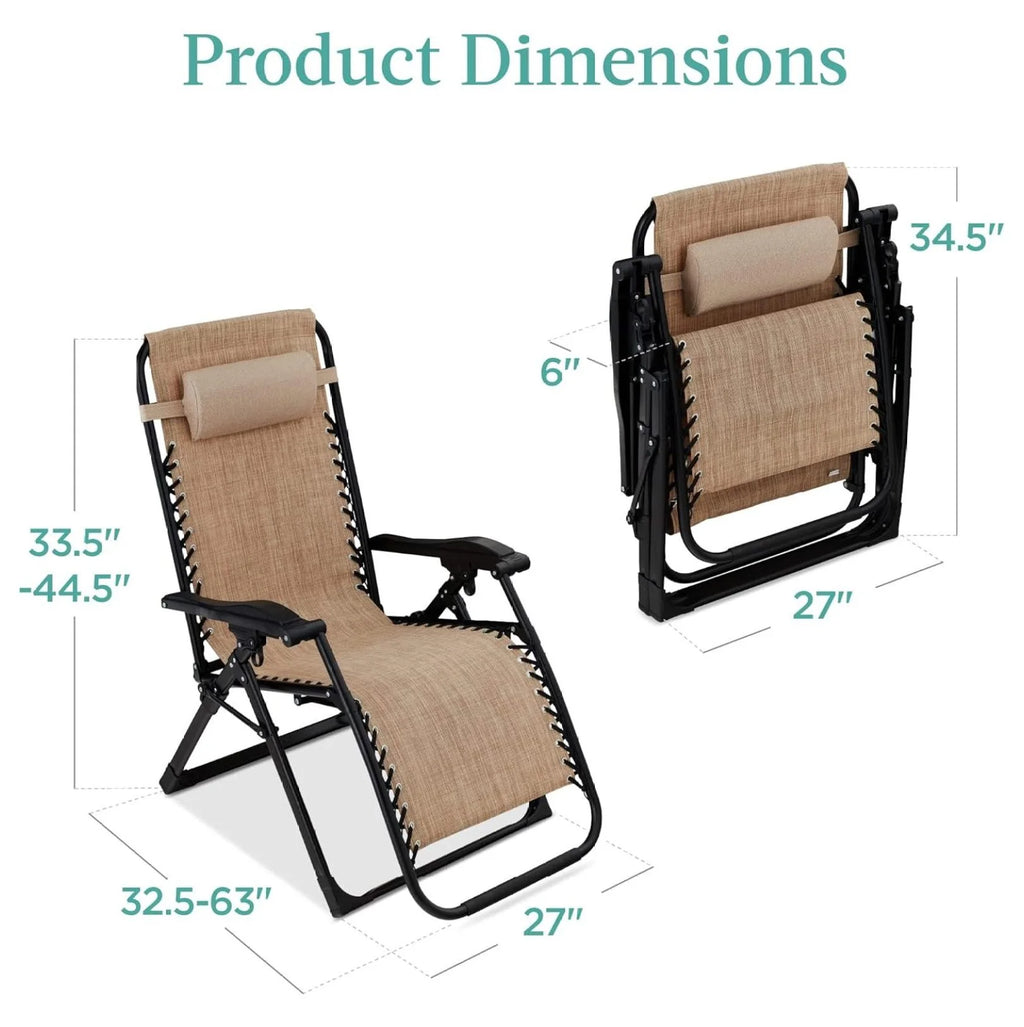 Oversized Chair, Folding Outdoor Patio Recliner, XL Anti Gravity Lounger W/Removable Cushion, Cup Holder, Side Tray, 350 lb Capacity - Taupe