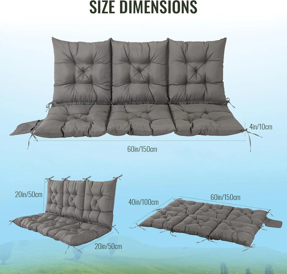 NACATIN 3 Seat Cushion for Outdoor Swing - 60x40 Inches, 4" Thick Porch Swing Cushions with Ties and Storage Bag, Waterproof Bench Replacement Cushions for Patio, Outdoor, Backyard and Garden (Khaki)