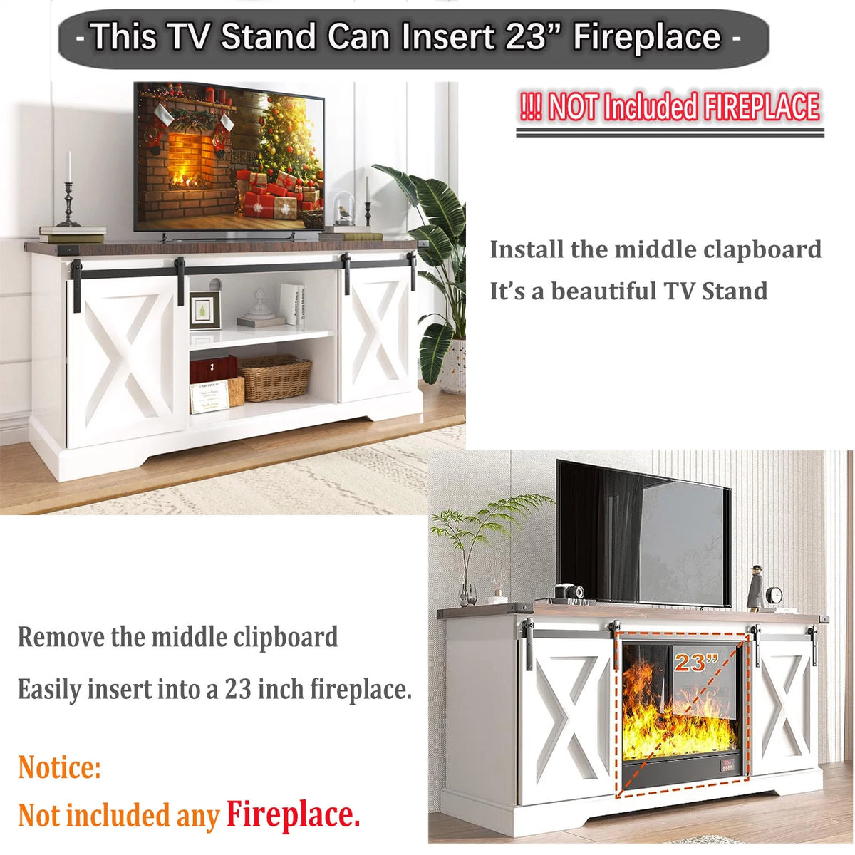 Chvans Farmhouse Barn Door TV Stand for up to 65" Tvs & 23" Electric Fireplace, Entertainment Center Console Table with Adjustable Shevles