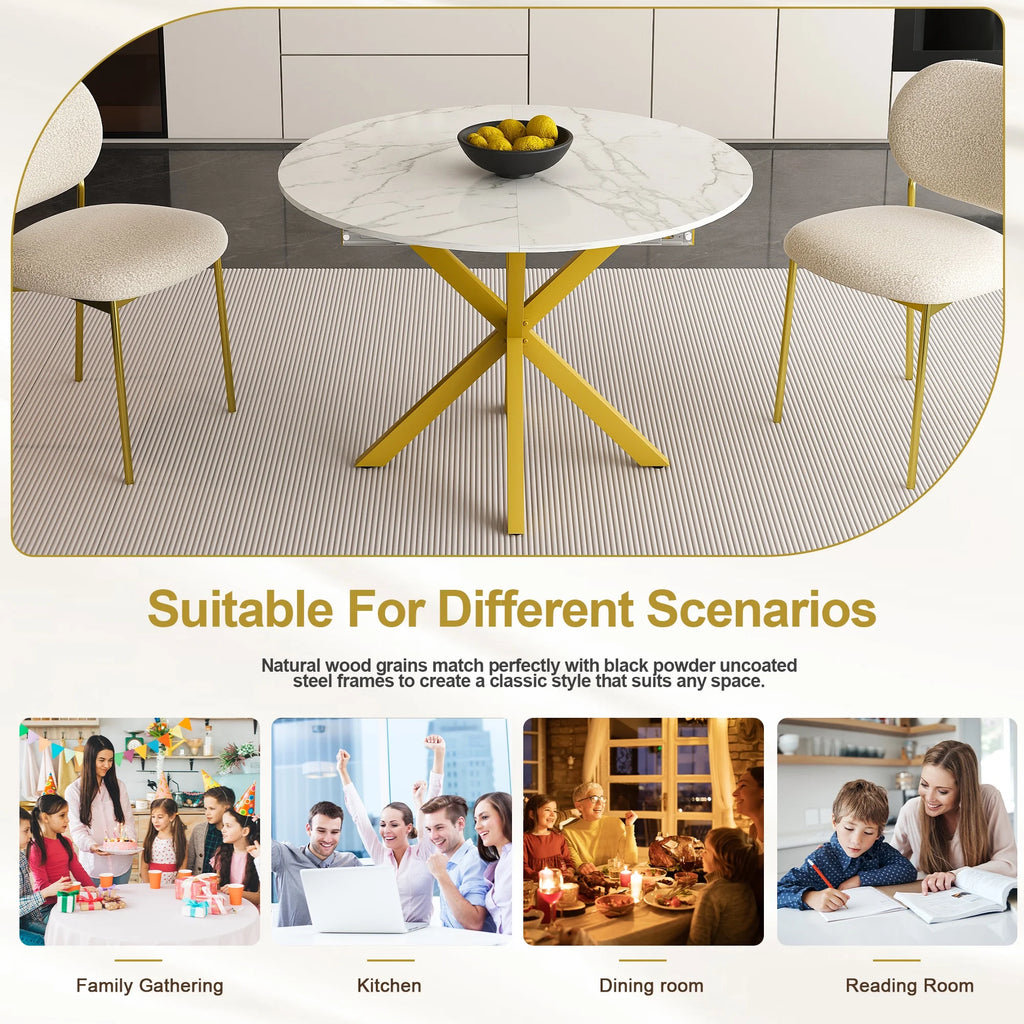 UHOMEPRO Extendable Dining Table with Extendable Blades, Modern Round Kitchen Table with Faux Marble Tabletop, Single Dining Room Table with Carbon Steel X - Shaped Base for Dining Room, White+Gold