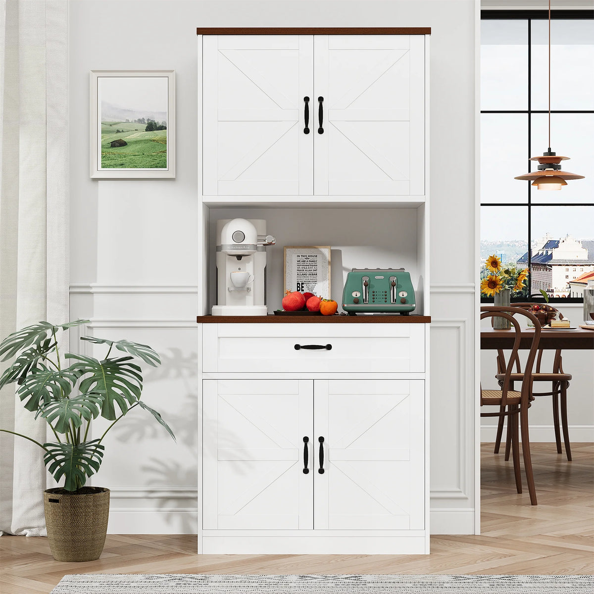 Planntonneo 71'' Tall Kitchen Pantry Storage Hutch Cabinet with Doors and Shelves, Grey Oak