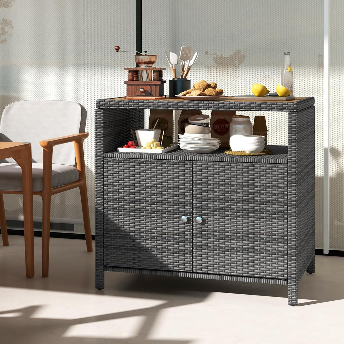 Outdoor Rattan Storage Cabinet with Acacia Wood Top, Mixed Brown