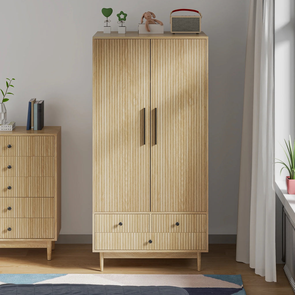Oubayajia Wardrobe Armoire Closet, 2 Fluted Doors Wardrobe Cabinet with 3 - Drawer and Hanging Rod, Wood Wardrobe Storage for Bedroom