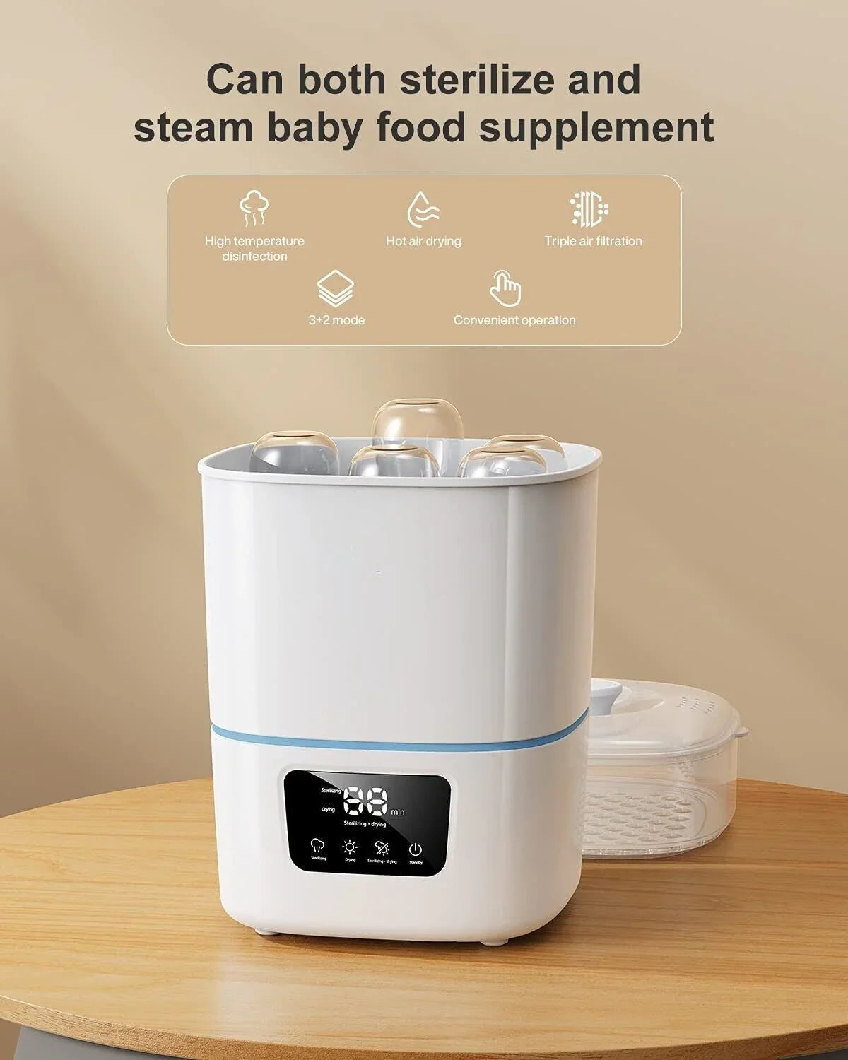 Luxury 3-IN-1 Baby Bottle Steam Sterilizer and Dryer with Lcd Screen