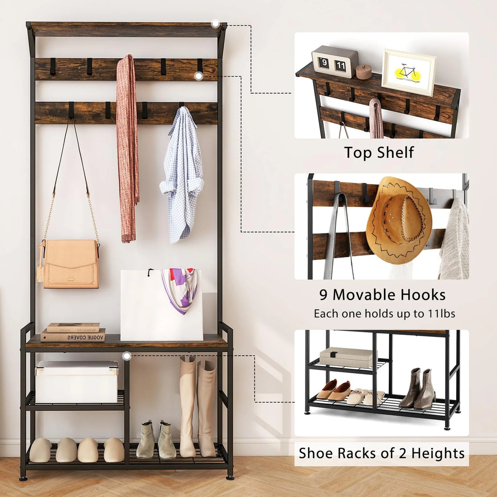 Tangkula Coat Rack Shoe Bench, 3-in-1 Industrial Hall Tree w/Storage Bench & 9 Hanging Hooks, 3-Tier Wood Look Entryway Bench w/Metal Frame