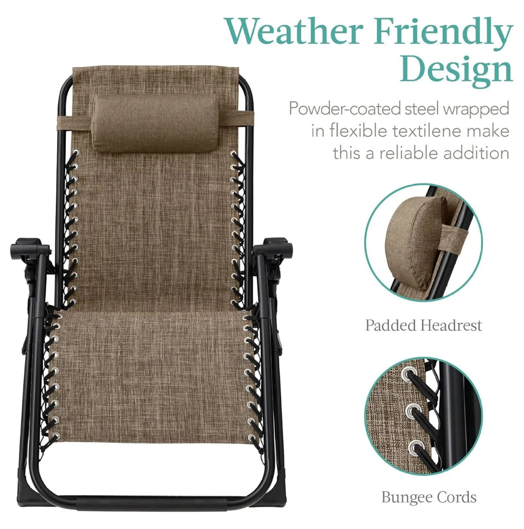 Oversized Chair, Folding Outdoor Patio Recliner, XL Anti Gravity Lounger W/Removable Cushion, Cup Holder, Side Tray, 350 lb Capacity - Taupe