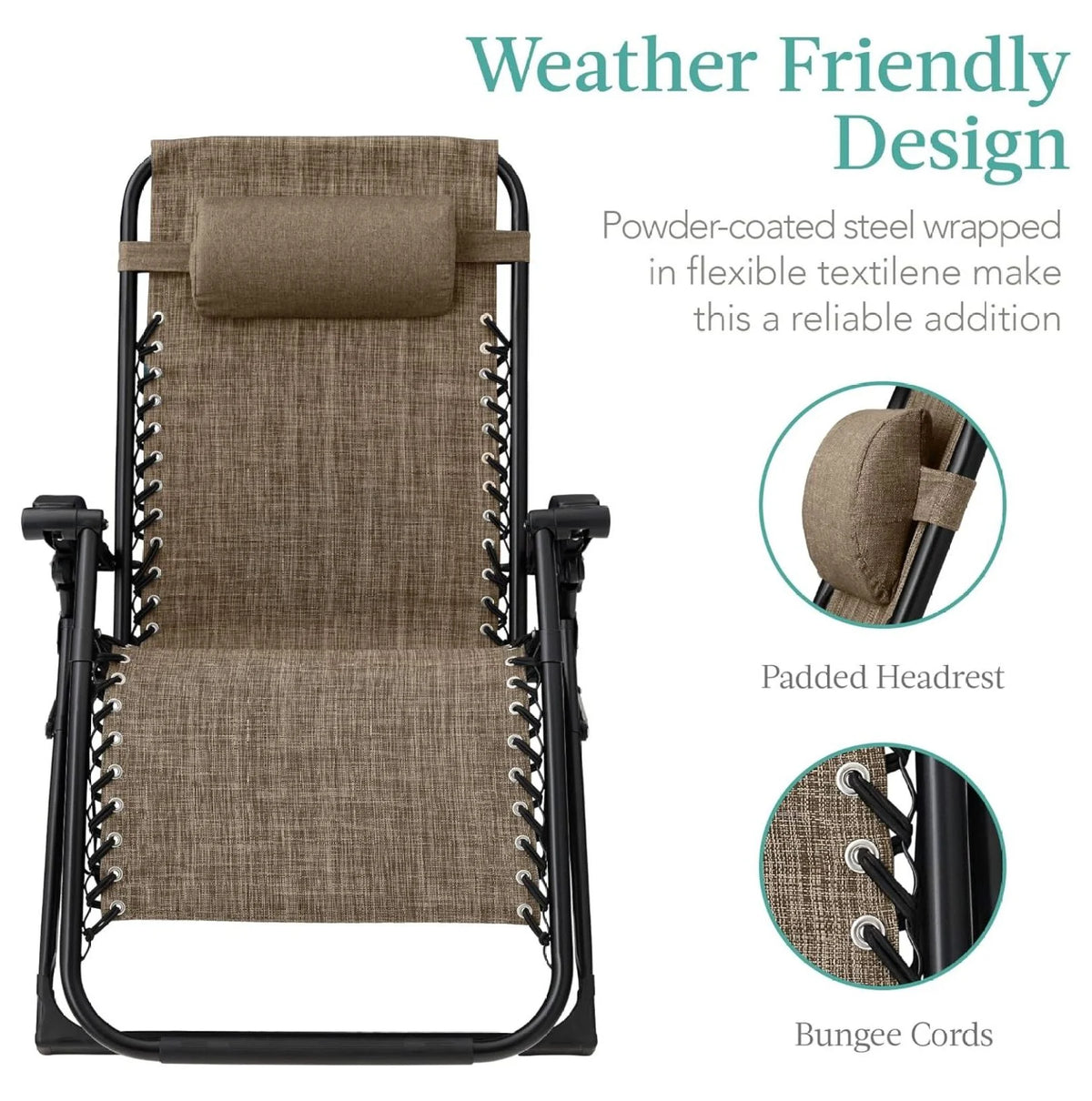Oversized Chair, Folding Outdoor Patio Recliner, XL Anti Gravity Lounger W/Removable Cushion, Cup Holder, Side Tray, 350 lb Capacity - Taupe