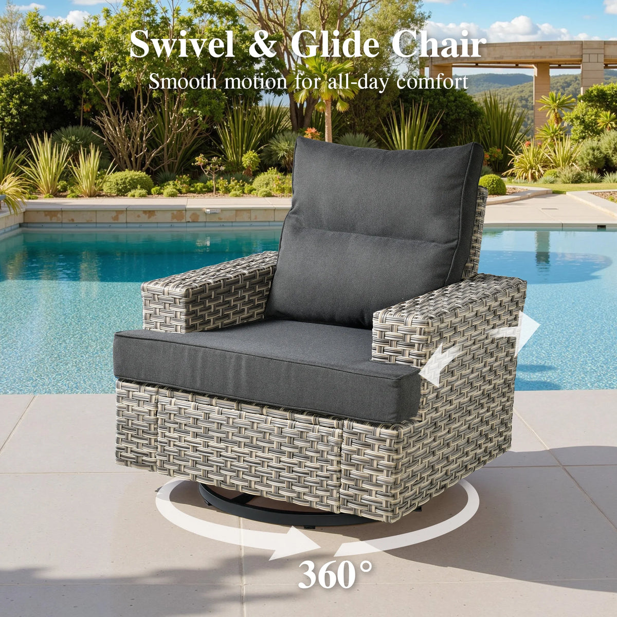 Ovios 10 Pieces Outdoor Patio Furniture Modern High - Back All - Weather Wicker Sectional Conversation Set with Propane Fire Pit Table & Swivel Chair, Dark Gray