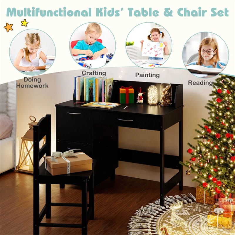 Wooden Kids Desk and Chair Set with Hutch, Storage Drawer & Cabinet, Children School Study Table Writing Computer Workstation for Ages 3-8