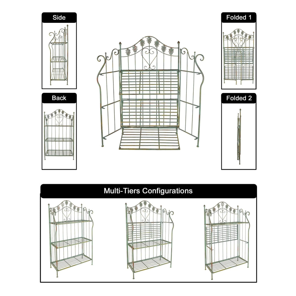 Westcharm 41 in Tall Pre - Assembled Folding Metal Shelf | Plant Stand | Shelving Unit | Bookcase | Outdoor Baker'S Rack with Scrolling Heart & Peacock Tail Motif - Verdigris Green