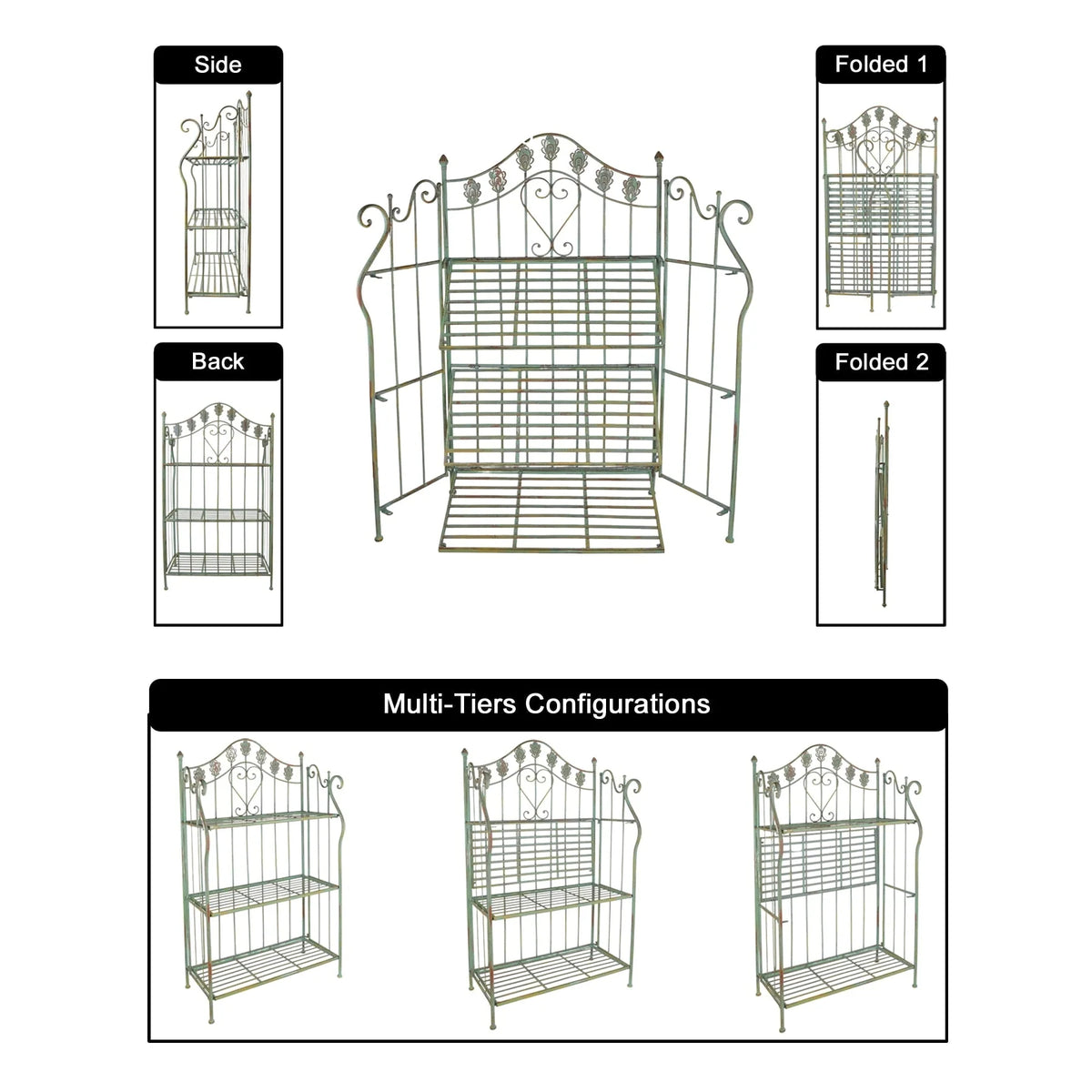 Westcharm 41 in Tall Pre - Assembled Folding Metal Shelf | Plant Stand | Shelving Unit | Bookcase | Outdoor Baker'S Rack with Scrolling Heart & Peacock Tail Motif - Verdigris Green