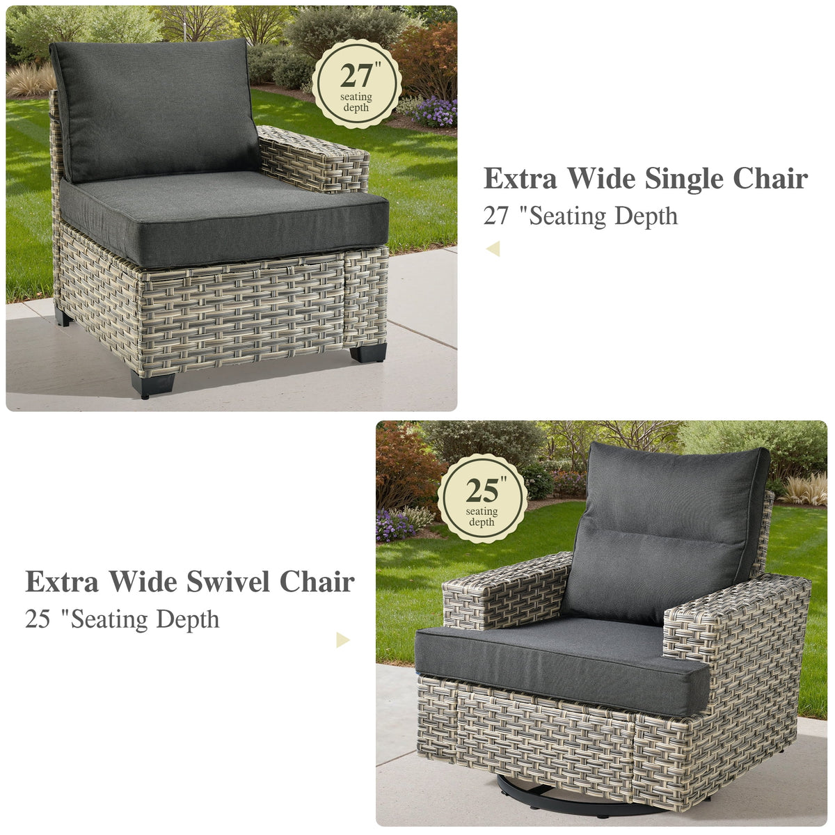 Ovios 10 Pieces Outdoor Patio Furniture Modern High - Back All - Weather Wicker Sectional Conversation Set with Propane Fire Pit Table & Swivel Chair, Dark Gray